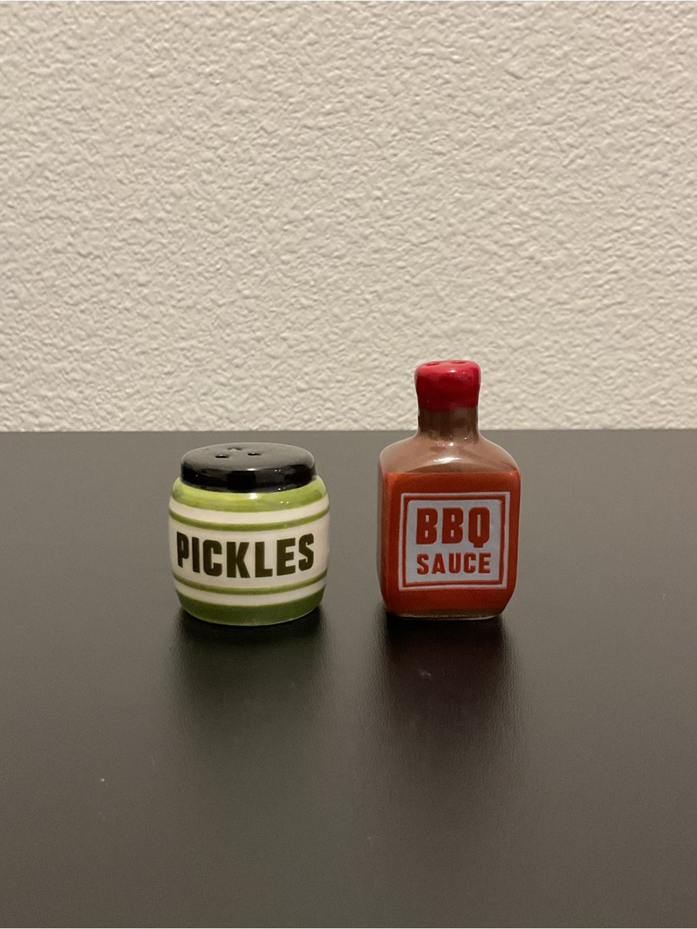 Cracker Barrel Mini Pickle Jar & BBQ Sauce Ceramic Shakers